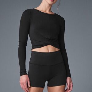 Alo Black Long Sleeve Twist Front Top XS